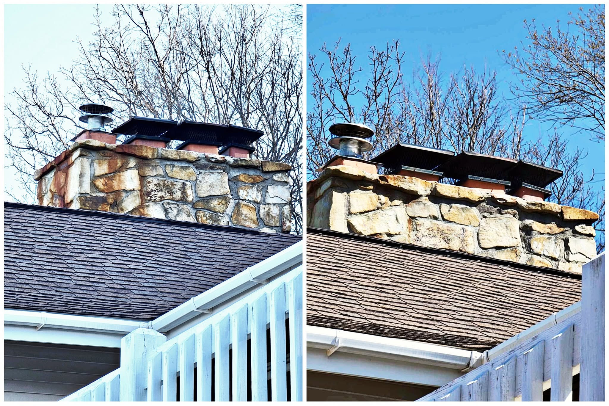 Before and after chimney and roof cleaning comparison